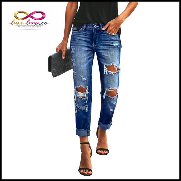 Ripped Mid Rise Boyfriend Jeans Loose Fit Stretchy Denim Pants